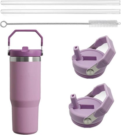 2Pack Replacement Tumbler Lid Fit for Stanley IceFlow 30 oz(Only) Flip Straw Lid, with 2Pcs Reusable Straws,1Pcs Cleaning Brush (White)