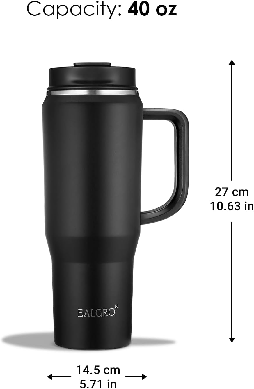 EALGRO 50 oz Tumbler with Handle, Insulated Tumblers with Lid and Straw, Large Metal Sports Water Bottle Jug, Thermal Stainless Steel Travel Coffee Mug Cup, Black
