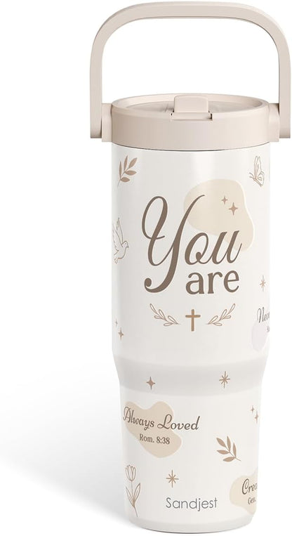 SANDJEST Leopard Skin Stainless Steel Straw Lid Tumbler 30oz with Carry Handle for Women Girls, Insulated Travel Coffee Cup, Gift for Sports Outdoor Workout Christmas Birthday (Beige)