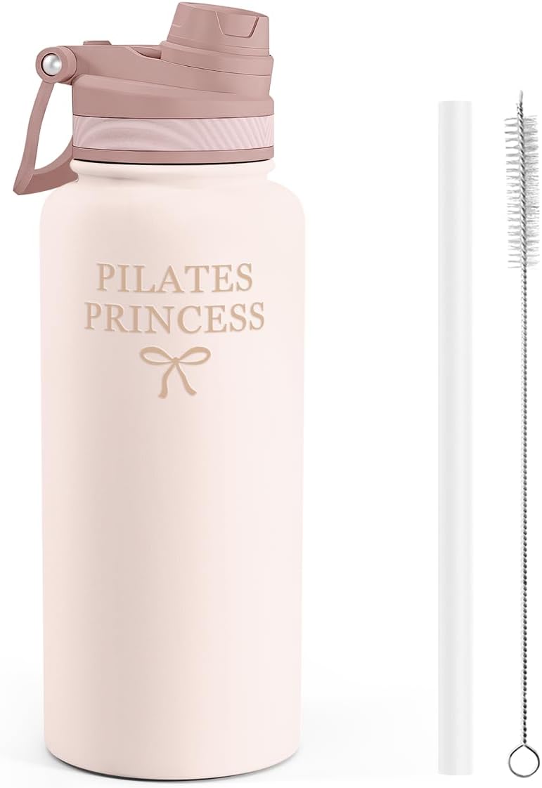 SANDJEST Pickleball Stainless Steel Water Bottle with Strap 32oz, Insulated Bottles with Straw and Spout Lid for Gym Sports Travel Outdoor, Gifts for Women Girls Birthday Christmas