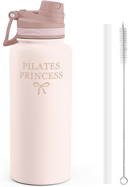 SANDJEST Pickleball Stainless Steel Water Bottle with Strap 32oz, Insulated Bottles with Straw and Spout Lid for Gym Sports Travel Outdoor, Gifts for Women Girls Birthday Christmas