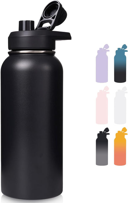 Fijinhom 24 oz Insulated Water Bottle with Handle, 304 Stainless Steel Water Bottles with Wide Mouth, Double Wall Vacuum Sports Water Bottle, BPA Free, Keep Cold and Hot, Black | with Handle