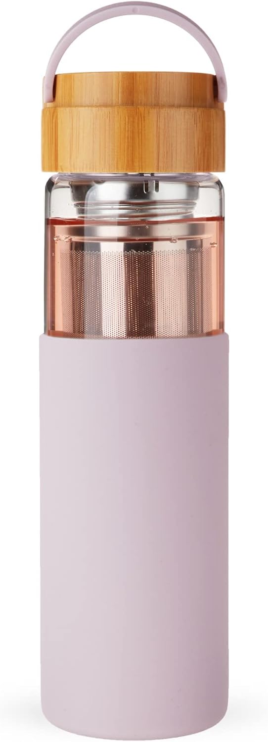Pinky Up Blair Travel Tea Infuser Mug, Double Walled Insulated Travel Tumbler with Loose Leaf Tea Strainer, Travel Coffee Mug, Keeps Drinks Hot or Cold, 16 oz, White Leaf