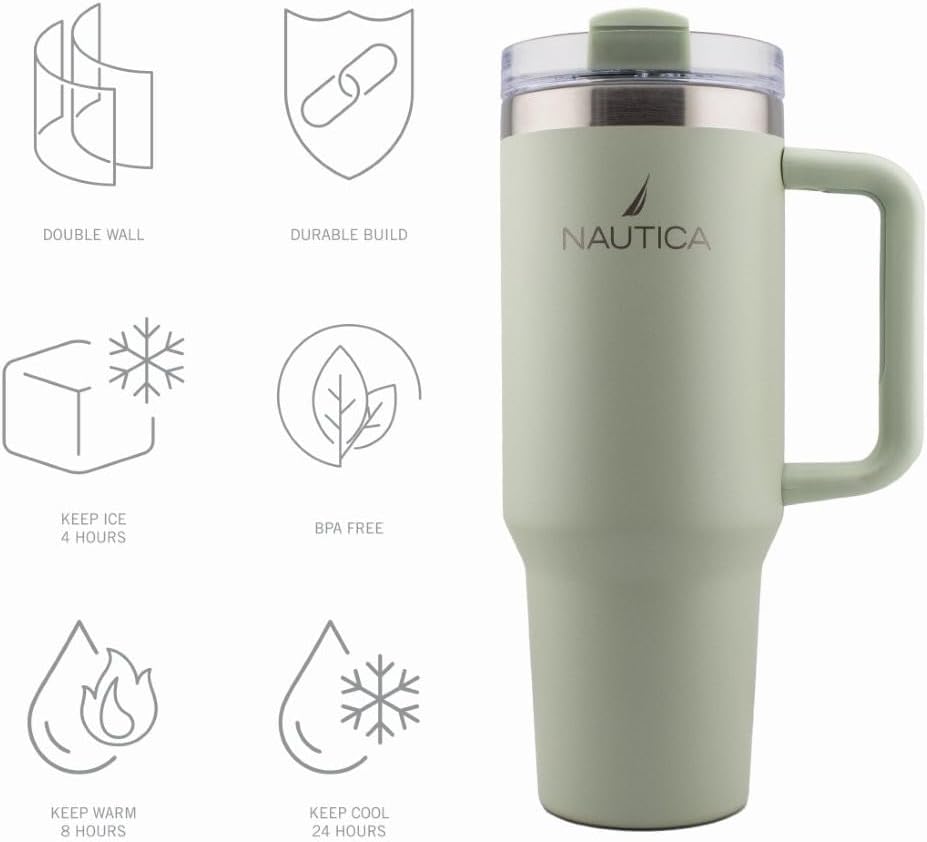 Nautica 40oz Insulated Tumbler with Handle and Straw, Stainless Steel Double Wall Vacuum Travel Mug, Leak-Resistant 3-Way Lid, Keeps Cold for 24 Hours, Fits Car Cup Holders (NAVY)
