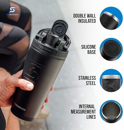 Ice Shaker Insulated Stainless Steel Shaker Bottle | 26oz, Black | Cold for 30+ Hours | Insulated Cup with Twist-on Agitator | Odor-Free Bottle for Protein Shakes, Water, Smoothies, Cocktails