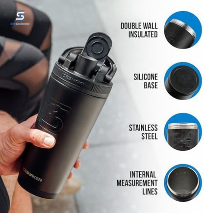 Ice Shaker Insulated Stainless Steel Shaker Bottle | 26oz, Black | Cold for 30+ Hours | Insulated Cup with Twist-on Agitator | Odor-Free Bottle for Protein Shakes, Water, Smoothies, Cocktails