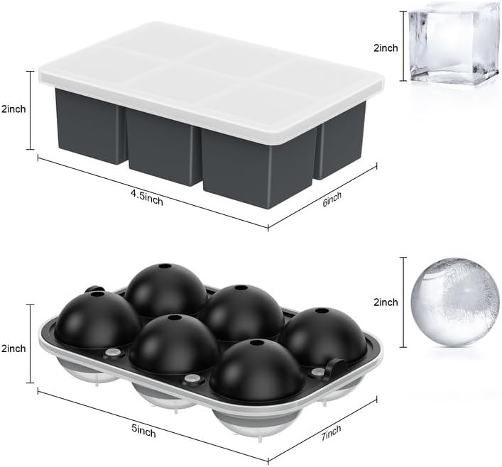 ROTTAY Ice Cube Trays (Set of 2), Sphere Ice Ball Maker with Lid & Large Square Ice Cube Maker for Whiskey, Cocktails and Homemade, Keep Drinks Chilled Black