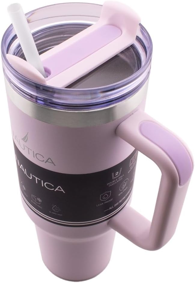 Nautica 40oz Insulated Tumbler with Handle and Straw, Stainless Steel Double Wall Vacuum Travel Mug, Leak-Resistant 3-Way Lid, Keeps Cold for 24 Hours, Fits Car Cup Holders (NAVY)