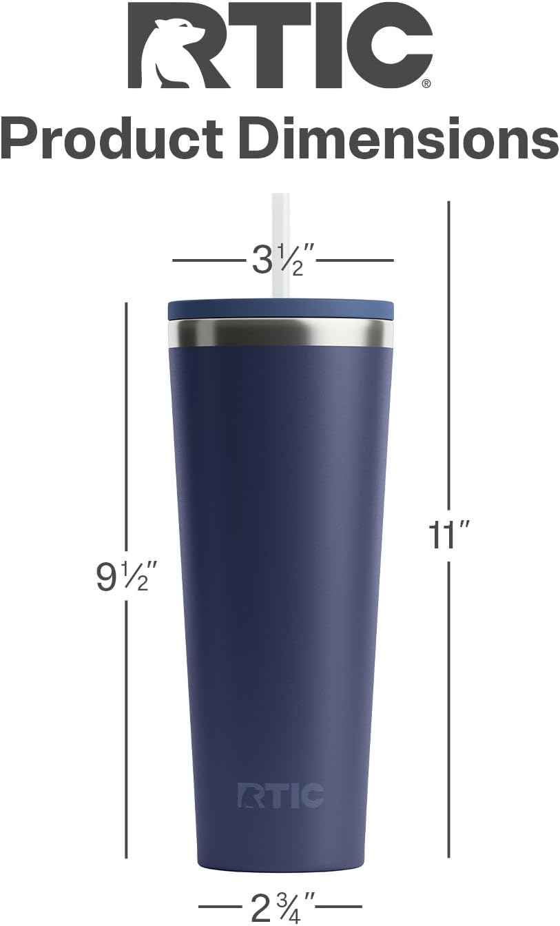 RTIC 20oz Everyday Tumbler Insulated Stainless Steel Portable Travel Coffee Cup with Straw, Ceramic Lining, Spill-Resistant Lid, BPA-Free, Hot and Cold Drink, Beach