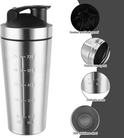 Protein Shaker Bottle 750ml, Stainless Steel Protein Shaker Cup, Gym Shaker Bottle, Protein Mixer Shaker Supplement Bottle with Mixball, Leak Proof Metal Sports Water Bottle for Men&Women
