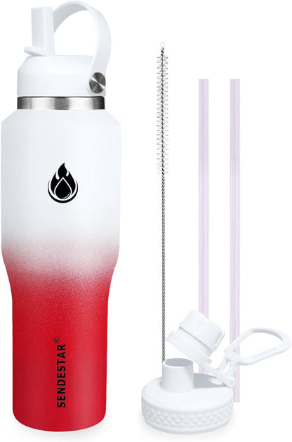 SENDESTAR 40oz Water Bottle Wide Mouth Stainless Steel Vacuum Insulated Double Wall with Straw Lids Fit in Any Car Cup Holder