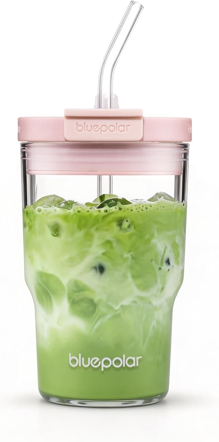 BLUEPOLAR Iced Coffee Glasses with Lids and Straws,Car Cup Holder Friendly, Leakproof Portable Tumblers for Cold Brew, Juice & Smoothie, Ideal for Travel, Office & Gym, BPA-Free (16oz-Pink)
