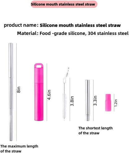 NAIVELY-Metal Reusable Straws 3 Pack Collapsible Portable Stainless Steel Drinking Straw Telescopic Travel Straw, with Case and Cleaning Brush Foldable Pocket Straws
