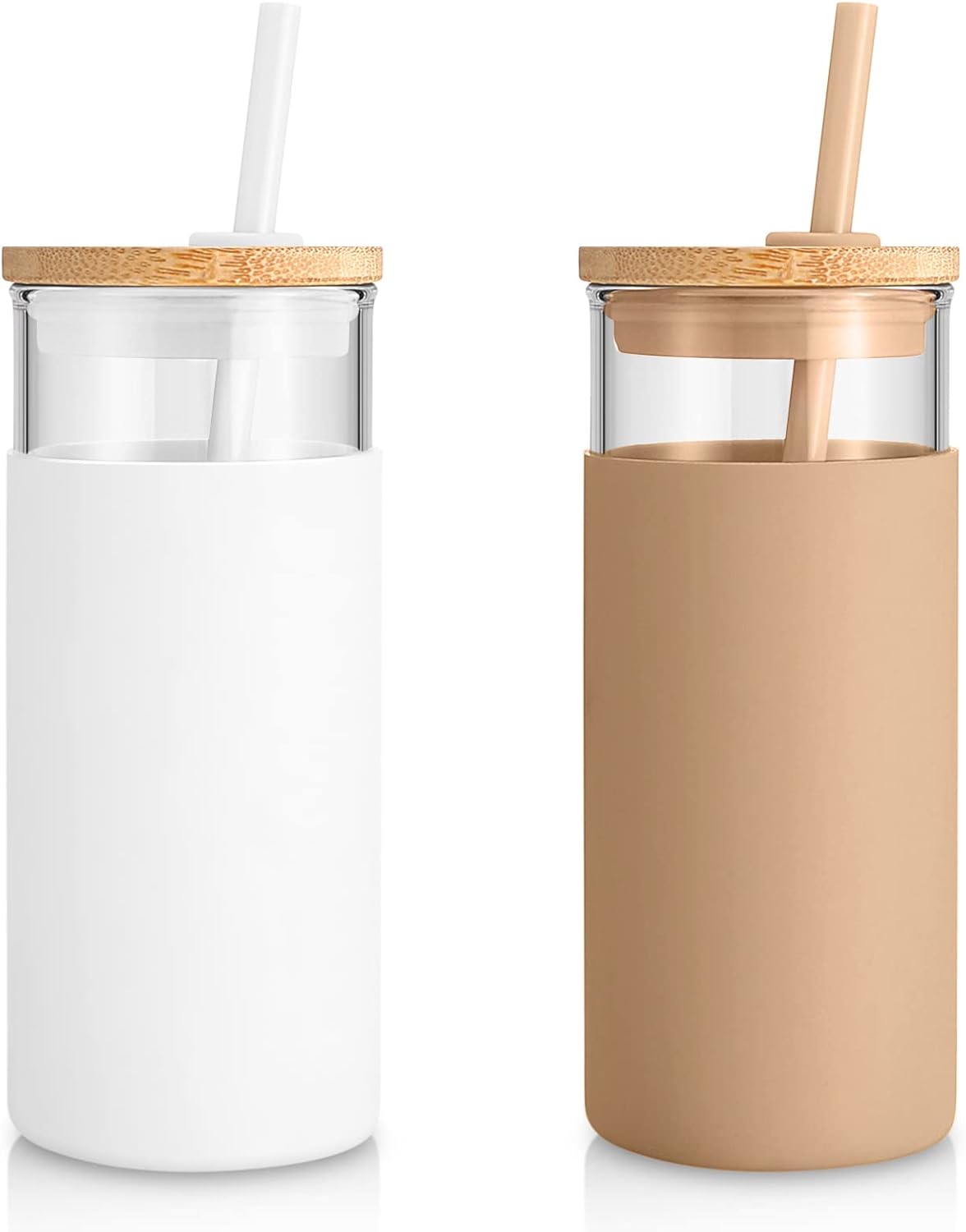 Tronco 20 oz Glass Tumbler with Lid and Straw, Iced Coffee Cup and Smoothie Cup with Bamboo Lids & Protective Silicone Sleeve, Dishwasher Safe, BPA-Free, Glass Cup 1 Pack - Colors A