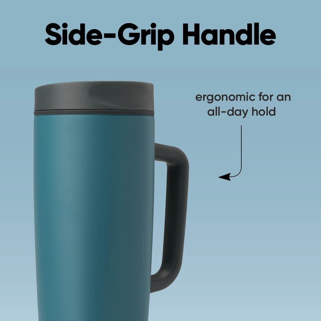 Owala SmoothSip Slider Insulated Stainless Steel Coffee Tumbler, Reusable Iced Coffee Cup, Hot Coffee Travel Mug, BPA Free 20 oz, Grey/Blue (High Dive)