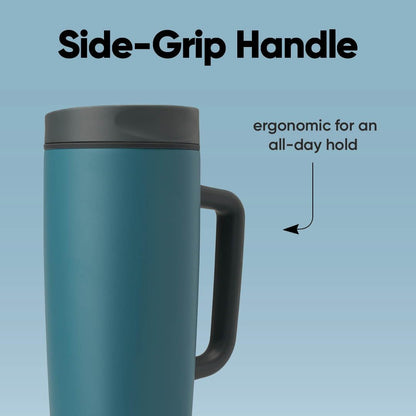 Owala SmoothSip Slider Insulated Stainless Steel Coffee Tumbler, Reusable Iced Coffee Cup, Hot Coffee Travel Mug, BPA Free 20 oz, Grey/Blue (High Dive)