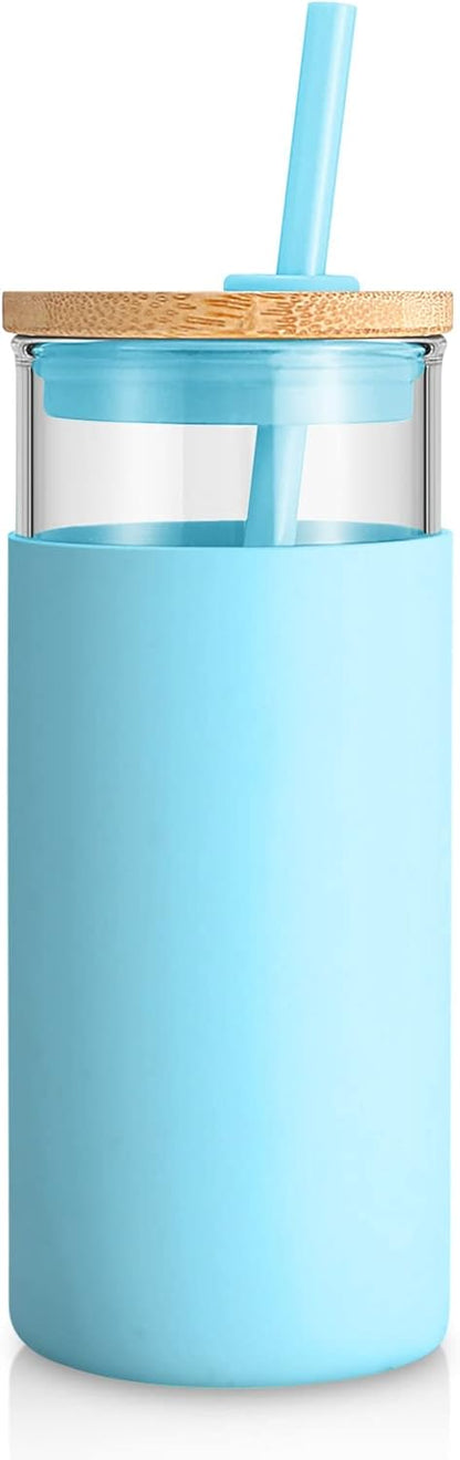 Tronco 20 oz Glass Tumbler with Lid and Straw, Iced Coffee Cup and Smoothie Cup with Bamboo Lids & Protective Silicone Sleeve, Dishwasher Safe, BPA-Free, Glass Cup 1 Pack - Colors B