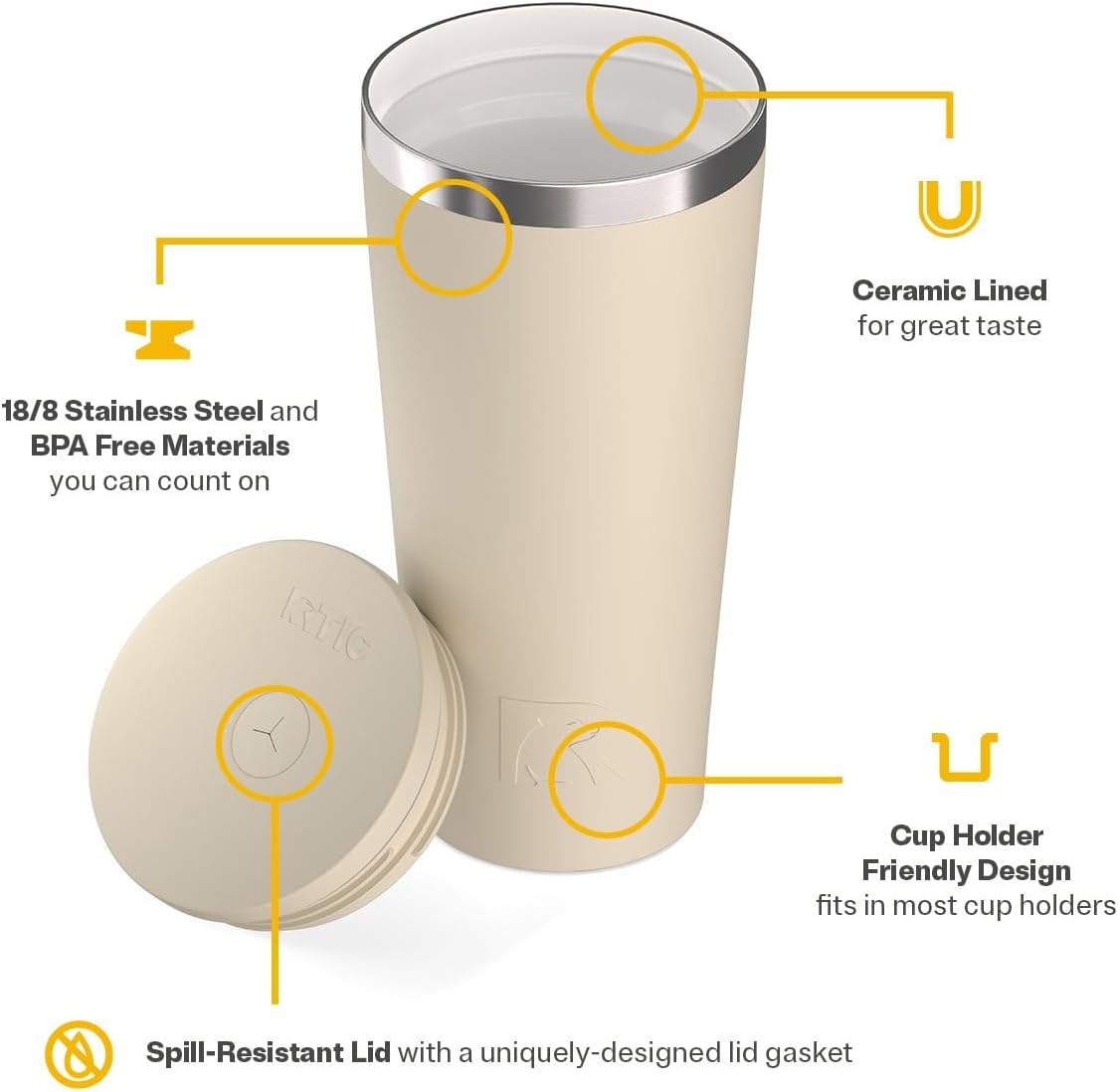 RTIC 20oz Everyday Tumbler Insulated Stainless Steel Portable Travel Coffee Cup with Straw, Ceramic Lining, Spill-Resistant Lid, BPA-Free, Hot and Cold Drink, Beach