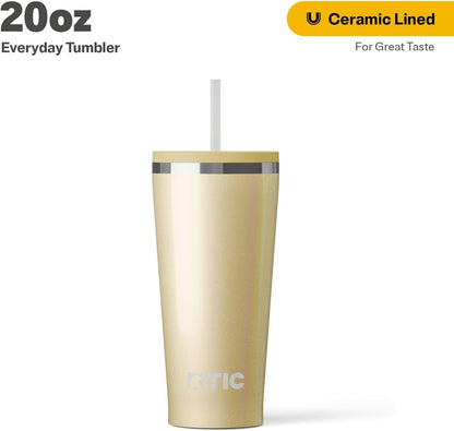 RTIC 20oz Everyday Tumbler Insulated Stainless Steel Portable Travel Coffee Cup with Straw, Ceramic Lining, Spill-Resistant Lid, BPA-Free, Hot and Cold Drink, Beach
