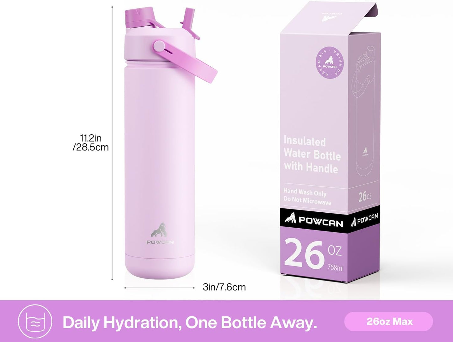 POWCAN 26 oz Insulated Water Bottle with 2-in-1 Straw and Spout Lid, Keep Cold 24H, Leak-Proof, Fits in Car Cup Holder, Stainless Steel Water Bottle for Sports, Travel, and School (Mint)