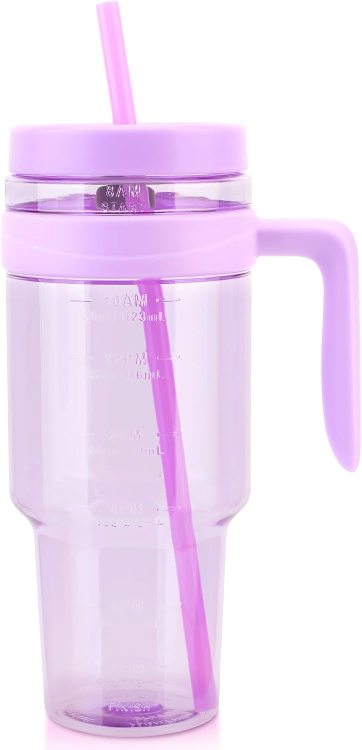 50 oz Tritan Plastic Tumbler with Lid and Straw | Leak-Proof BPA-Free Clear Tumbler with Time Marker | Reusable Travel Mug for Camping, Sports, Office, Road Trips, Parties | Wide Mouth