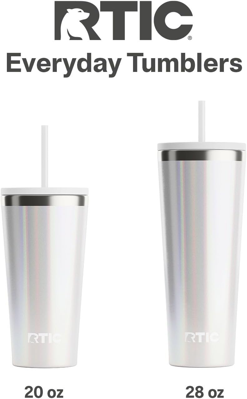 RTIC 20oz Everyday Tumbler Insulated Stainless Steel Portable Travel Coffee Cup with Straw, Ceramic Lining, Spill-Resistant Lid, BPA-Free, Hot and Cold Drink, Beach