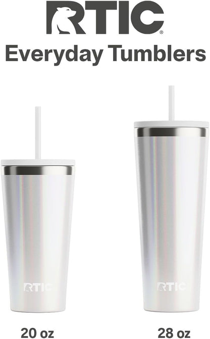 RTIC 20oz Everyday Tumbler Insulated Stainless Steel Portable Travel Coffee Cup with Straw, Ceramic Lining, Spill-Resistant Lid, BPA-Free, Hot and Cold Drink, Beach