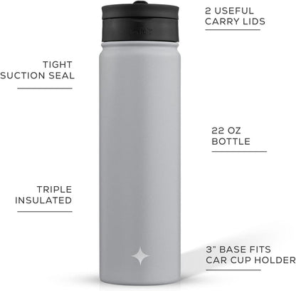 JoyJolt Triple Insulated Water Bottle with Straw Lid AND Flip Lid! 22oz Water Bottle, 12 Hour Hot/Cold Vacuum Insulated Stainless Steel Water Bottle. BPA-Free Leakproof Water Bottles - Thermos Bottle