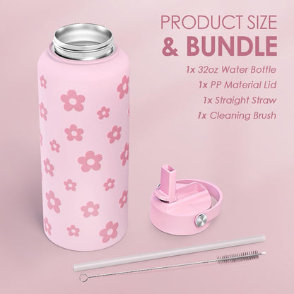 SANDJEST Pickleball Gift for Women, Water Bottle Stainless Steel 32oz with Lid & Straw, Sport Insulated Bottles Gifts for Girls Friends Teens Birthday Christmas
