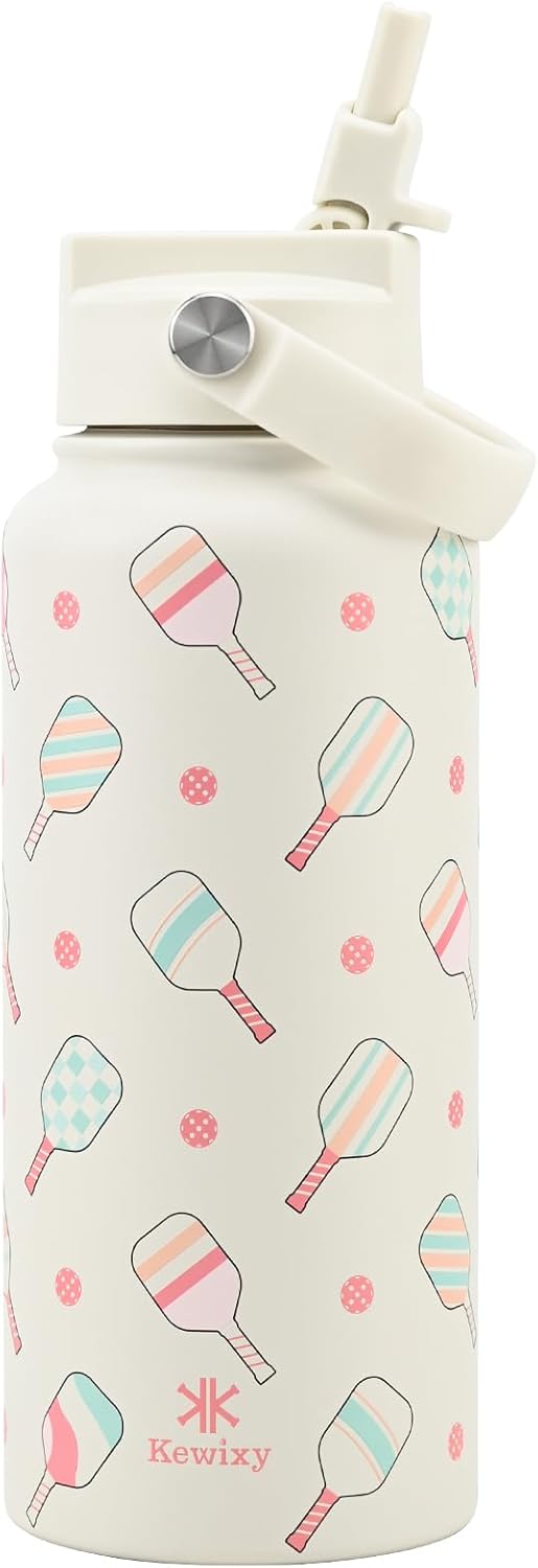 KEWIXY Pickleball Water Bottle 32 oz Insulated, Stainless Steel with Straw, Leak Proof, Keep Cold 24H, Vacuum, Pickleball Gifts for Pickleball Players, Pickleball Lovers, Women Girls Sport