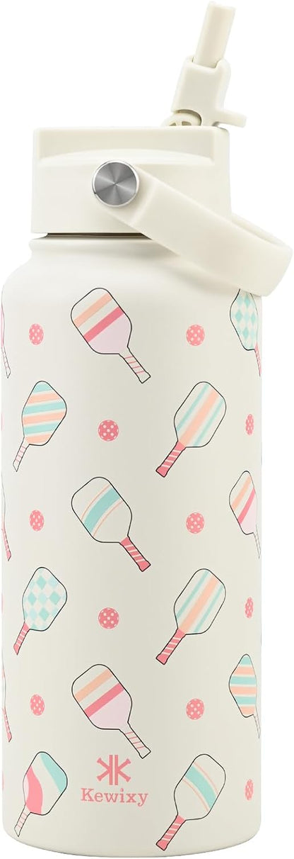 KEWIXY Pickleball Water Bottle 32 oz Insulated, Stainless Steel with Straw, Leak Proof, Keep Cold 24H, Vacuum, Pickleball Gifts for Pickleball Players, Pickleball Lovers, Women Girls Sport
