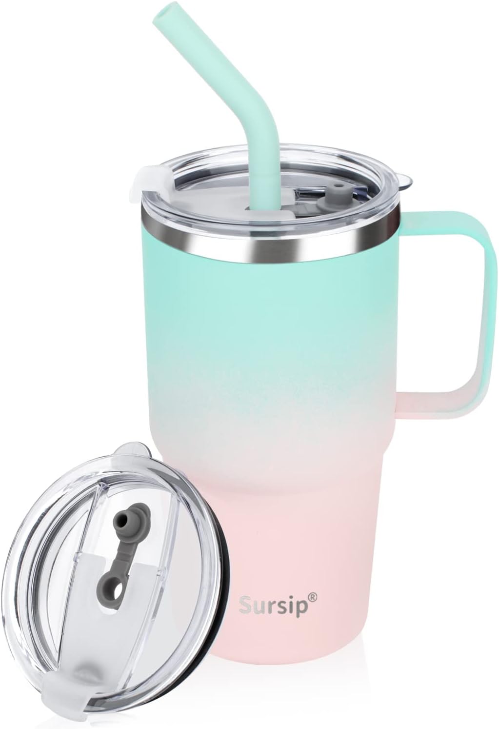 Sursip Insulated Coffee Mug with Handle and Lid, 24 oz Double Wall Vacuum Travel Thermal Coffee Tumbler with Straw for Home, Office Stainless Steel Coffee Cup - Leak proof, BPA Free (Black-1 Pack)