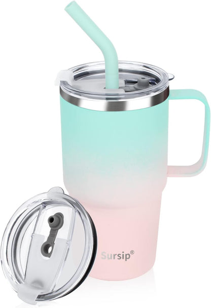 Sursip Insulated Coffee Mug with Handle and Lid, 24 oz Double Wall Vacuum Travel Thermal Coffee Tumbler with Straw for Home, Office Stainless Steel Coffee Cup - Leak proof, BPA Free (Black-1 Pack)