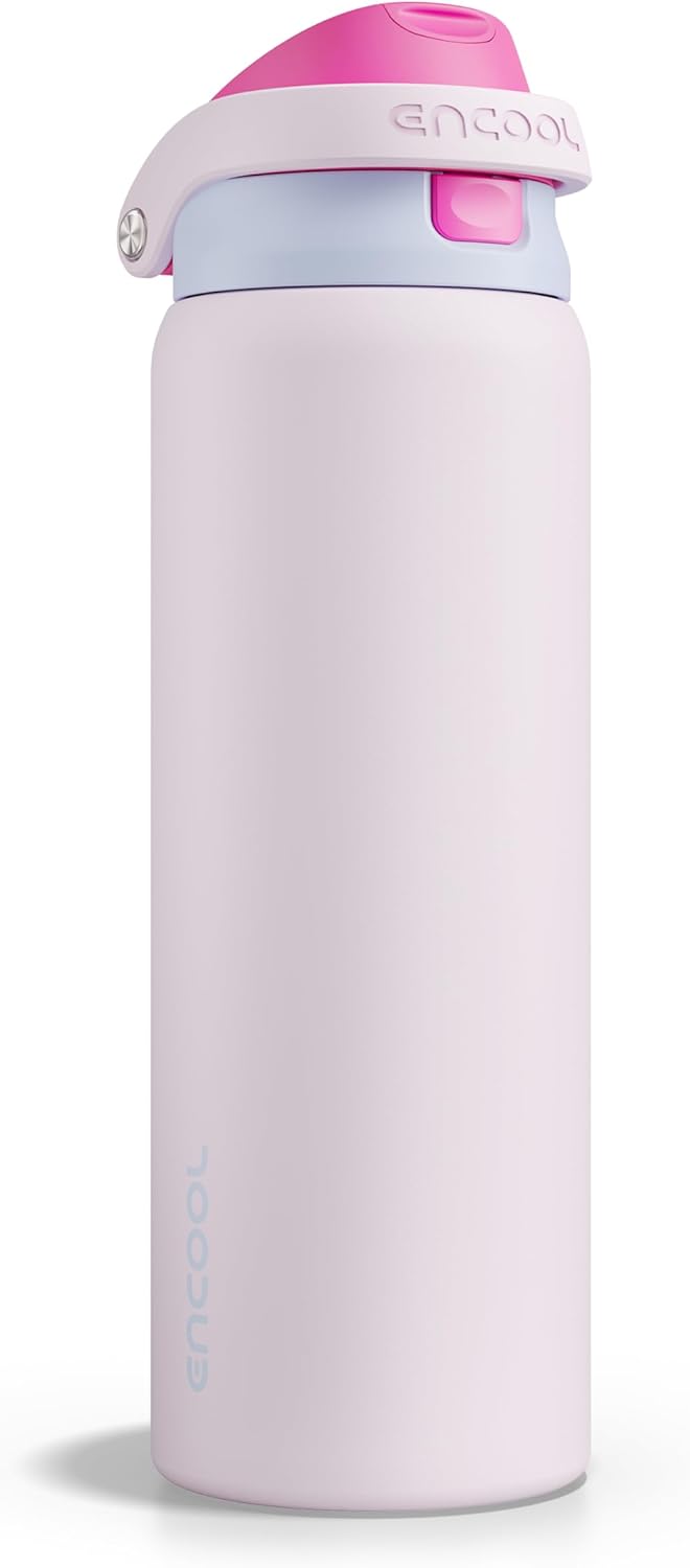 ENCOOL Leakproof Insulated Water Bottle with Straw Dual-Sip Water Bottle Bag-Safe Design for Work, Commute & Gym – Keeps Drinks Cold All Day, 24 oz, Lemonade Pink - Colors B