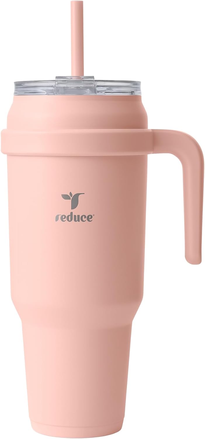 REDUCE 24 oz Stainless Steel Tumbler with Handle - Dual-Wall Vacuum Insulated Travel Mug, Sweat-Proof Lid & Reusable Straw - Keeps Drinks Cold for 24 Hrs, Fits Cupholders, Dishwasher Safe - Lilac Bud