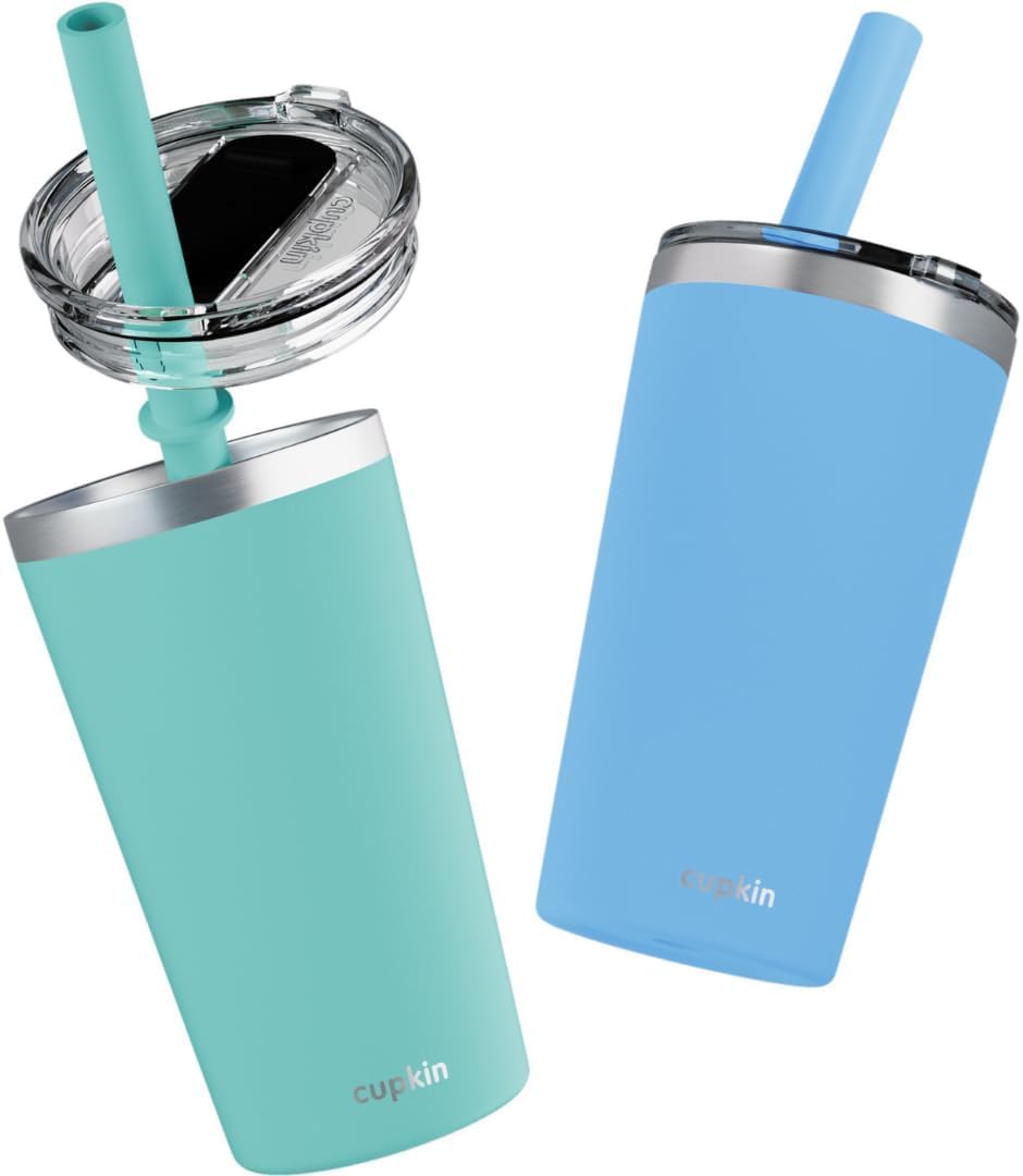 CUPKIN Stainless Steel Insulated Tumbler with Lid and Straw, 20 oz Stainless Steel Cups, Set of 2 Travel Coffee Mug for Adults, Iced Coffee Cup with Lid, Tumbler for Travel (Coral + Yellow)