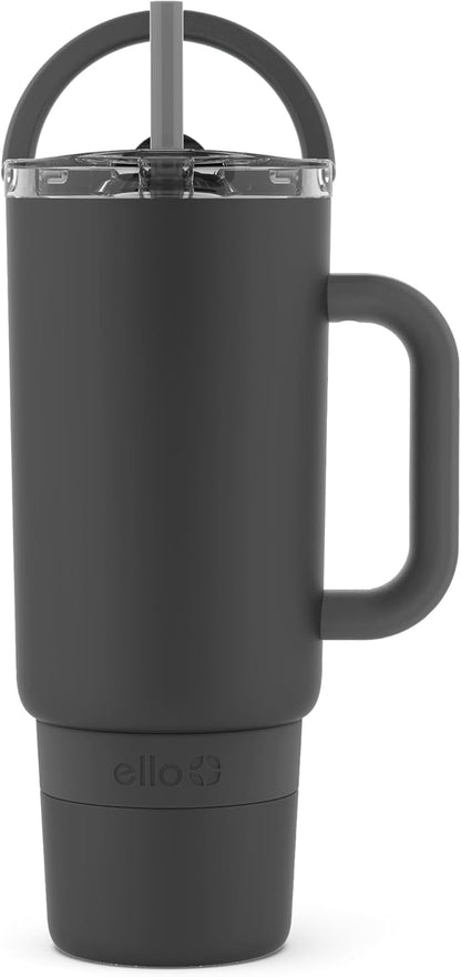 Ello Port 40oz Tumbler with Carry Loop & Integrated Handle, Vacuum Insulated Stainless Steel Reusable Water Bottle, Travel Mug with Leak Proof Lid & Straw, Perfect for Iced Coffee & Tea, White