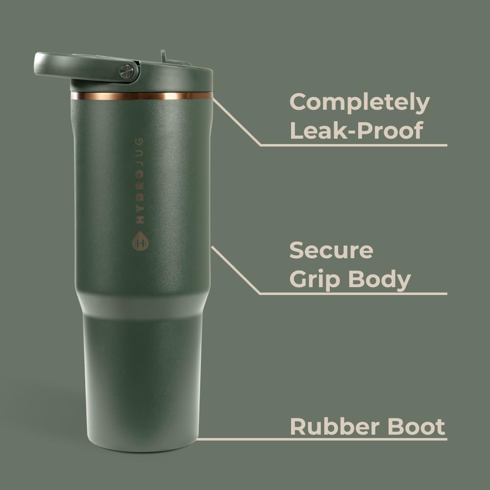 HydroJug Sport - Stainless Steel Tumbler with Straw, Vacuum Insulated, 40oz Leakproof Water Bottle, Ergonomic Design, Reusable, Dishwasher Safe, Rubber Base, Durable for Gym or Outdoors, Sage