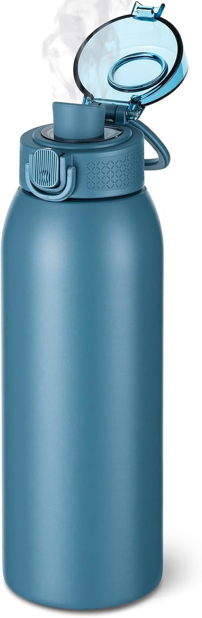 Insulated Water Bottle 24 oz with Dustproof Lid, Carry Handle & Tea Infuser, BPA-Free & Leakproof, Stainless Steel Water Bottles Ideal for Fitness, Hiking, Office & Outdoor Use (Black)