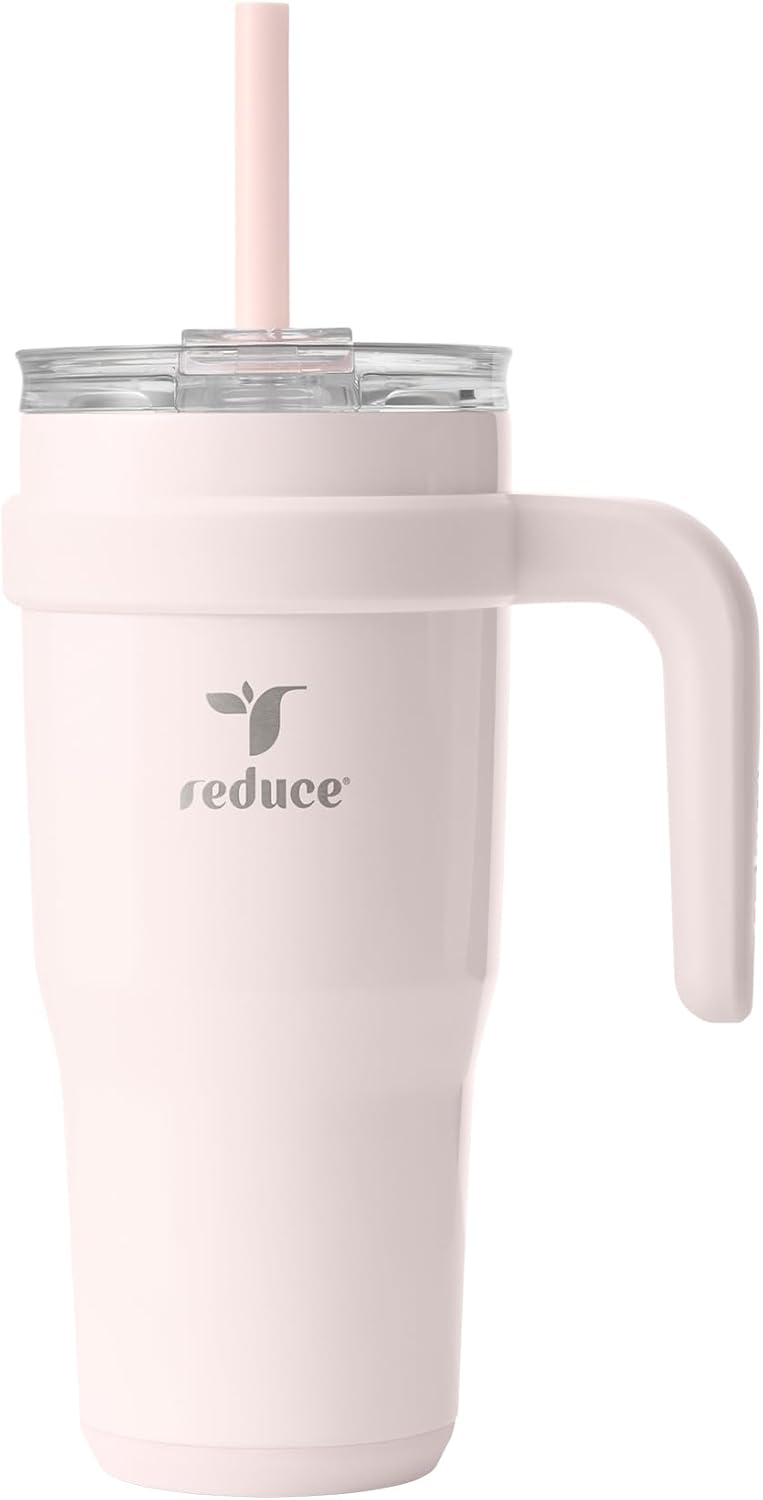 REDUCE 24 oz Stainless Steel Tumbler with Handle - Dual-Wall Vacuum Insulated Travel Mug, Sweat-Proof Lid & Reusable Straw - Keeps Drinks Cold for 24 Hrs, Fits Cupholders, Dishwasher Safe - Lilac Bud