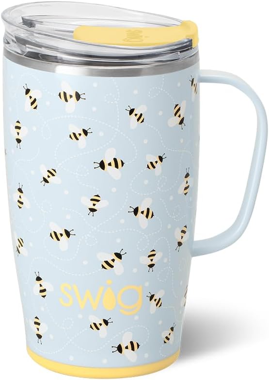 Swig Life 18oz Travel Mug, Insulated Tumbler with Handle and Lid, Cup Holder Friendly, Dishwasher Safe, Stainless Steel, Travel Coffee Cup (Honey Meadow)