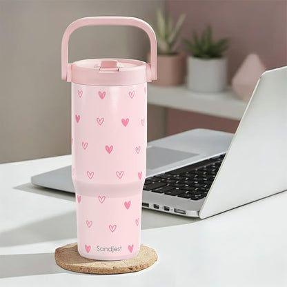 SANDJEST Leopard Skin Stainless Steel Straw Lid Tumbler 30oz with Carry Handle for Women Girls, Insulated Travel Coffee Cup, Gift for Sports Outdoor Workout Christmas Birthday (Beige)