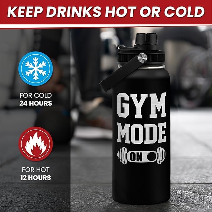 SANDJEST Gym Insulated Engraved Stainless Steel Water Bottle 32oz, Vacuum Chug Lid Travel Tumbler For Men Friends Dad Gymer Trainer, Gym Mode on, Birthday Christmas Father's Day
