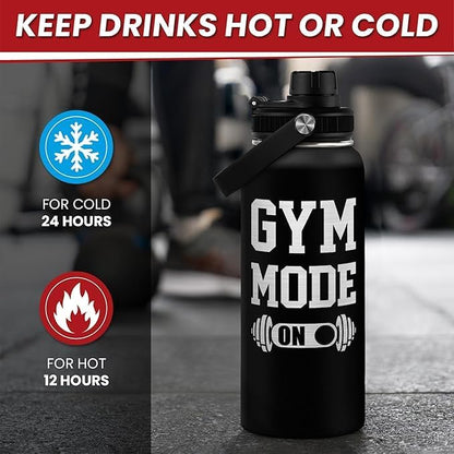SANDJEST Gym Insulated Engraved Stainless Steel Water Bottle 32oz, Vacuum Chug Lid Travel Tumbler For Men Friends Dad Gymer Trainer, Gym Mode on, Birthday Christmas Father's Day