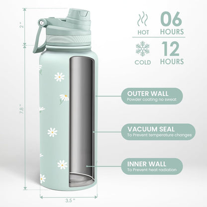 SANDJEST Pickleball Stainless Steel Water Bottle with Strap 32oz, Insulated Bottles with Straw and Spout Lid for Gym Sports Travel Outdoor, Gifts for Women Girls Birthday Christmas