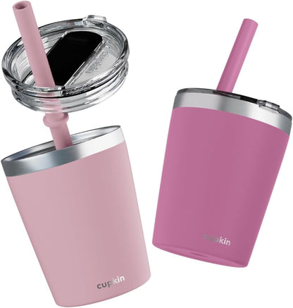 CUPKIN Stainless Steel Insulated Tumbler with Lid and Straw, 20 oz Stainless Steel Cups, Set of 2 Travel Coffee Mug for Adults, Iced Coffee Cup with Lid, Tumbler for Travel (Coral + Yellow)
