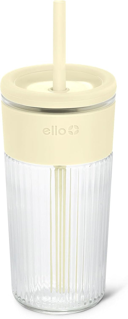 Ello Devon Glass Tumbler , Protective No Sweat Silicone Sleeve and Splash Proof Wooden Detail Lid with Straw, 18 oz