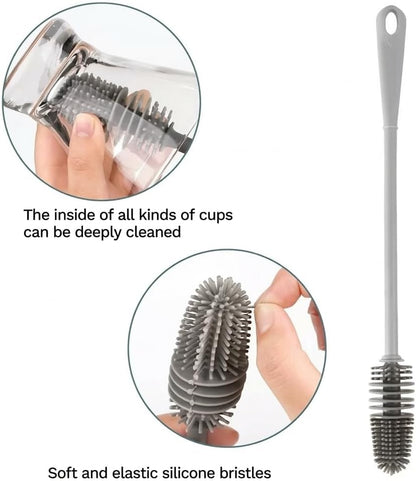 Silicone Bottle Brush & Silicone Straw Cleaner Set – 12.5” Long Handle, Flexible, Odor-Resistant, Dishwasher Safe – for Water Bottles, Baby Bottles, Tumblers & Straws (Grey)
