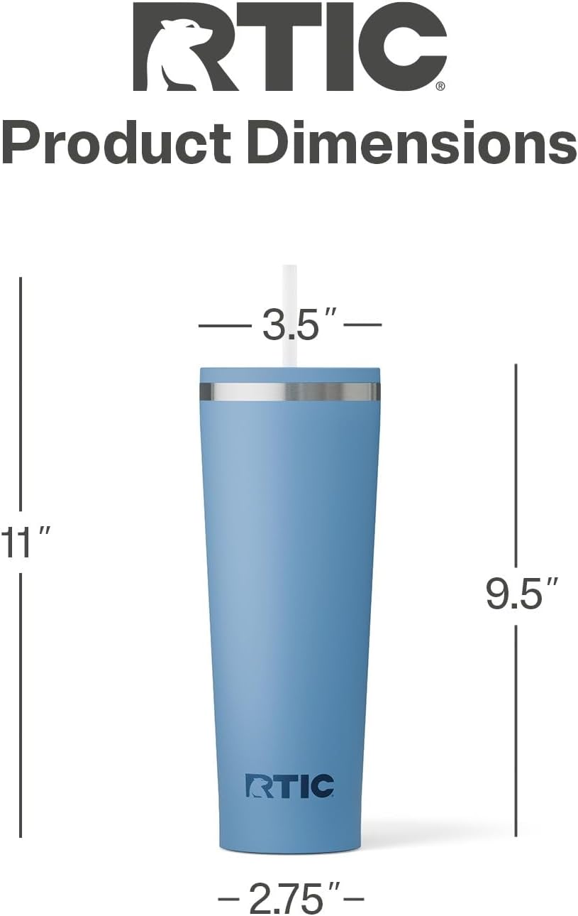 RTIC 20oz Everyday Tumbler Insulated Stainless Steel Portable Travel Coffee Cup with Straw, Ceramic Lining, Spill-Resistant Lid, BPA-Free, Hot and Cold Drink, Beach