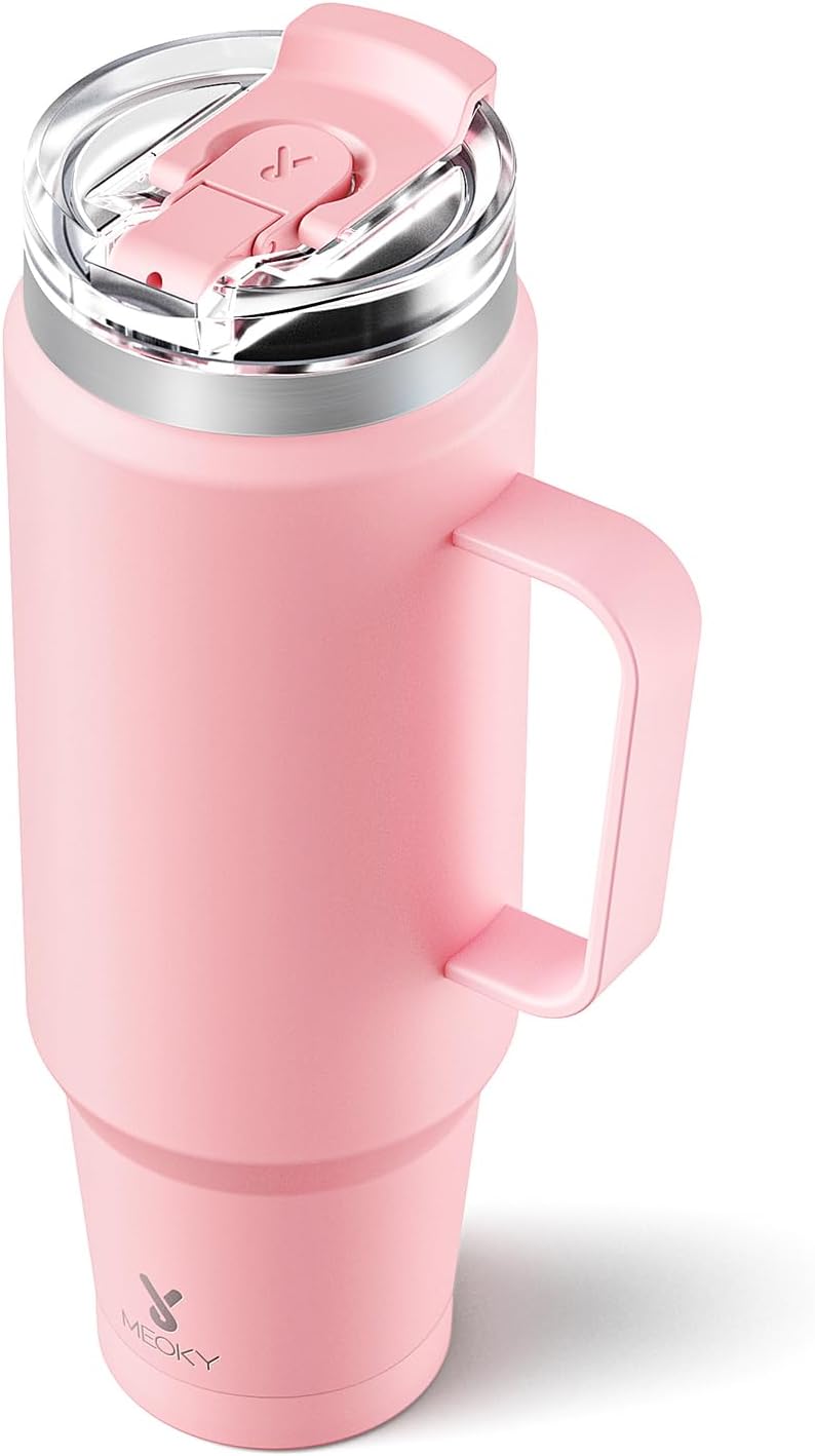 Meoky 32oz Tumbler with Handle, Stainless Steel Travel Mug with 2-in-1 Straw and Sip Lid, Vacuum Insulated Coffee Mug, 100% Leak Proof, Keeps Cold for 24 Hours or Hot for 8 Hours (Sky)
